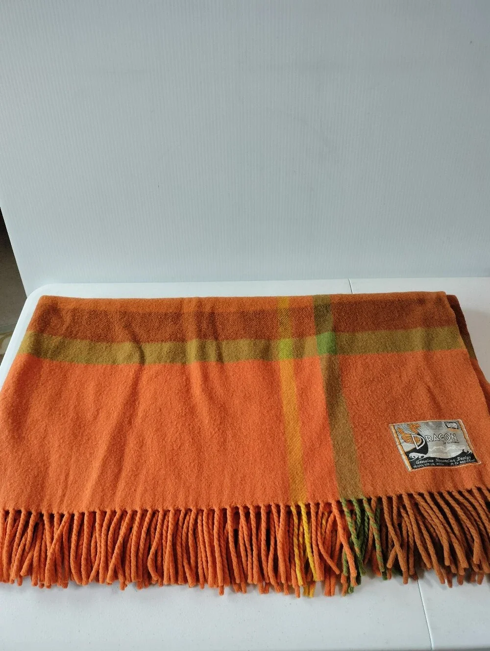 Dragon Of Norway Virgin Wool Moth Resistant Fringe Orange Green Throw Blanket